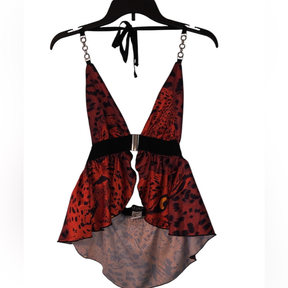 AKIRA Red and Black Silky Leopard Crop Top